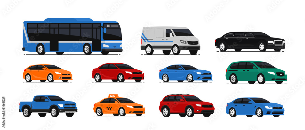 Car icons collection. Vector illustration in flat style. Urban, city cars and vehicles transport concept. Isolated on white background. Set of of different models of cars Car icons collection. Vector illustration in flat style. Urban, city cars and vehicles transport concept. Isolated on white background. Set of of different models of cars