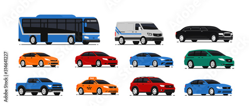 Car icons collection. Vector illustration in flat style. Urban, city cars and vehicles transport concept. Isolated on white background. Set of of different models of cars
