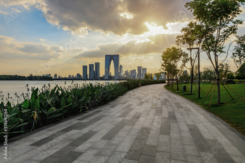 Empty square road and beautiful city skyline in Suzhou