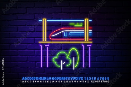 Neon sign high speed electric train. High Speed Rail inNeon Style Icon. Neon train passes over the bridge over the forest. Vector Illustration of Energy Promotion. photo