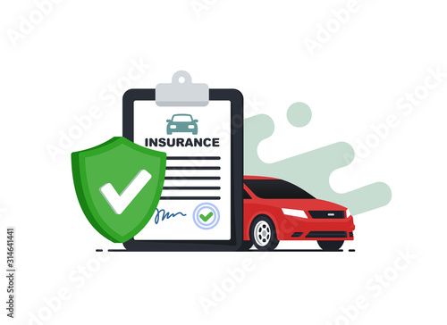 Insurance policy concept.Document report with shield and car. Vector illustration in flat srtyle.