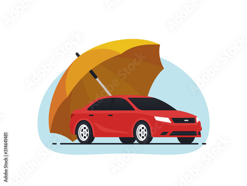 Car insurance concept. Umbrella that protects automobile. Insurance policy. Vector illustration in flat style.