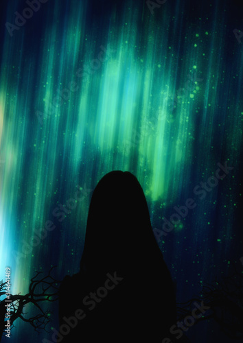fantasy woman isolated galaxy fill the night sky. Night time landscape