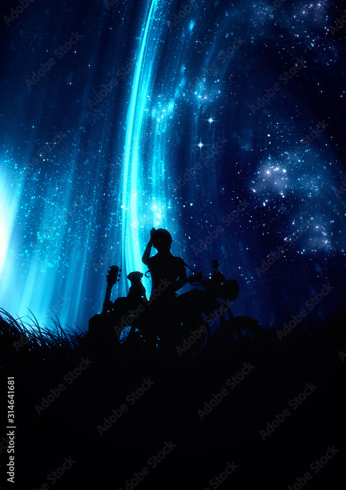 Plakat fantasy woman isolated galaxy fill the night sky. Night time landscape