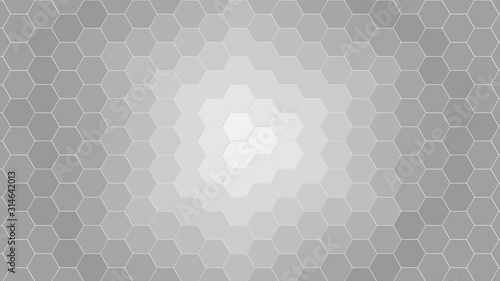 Honeycomb Grid tiled background or Hexagonal cell texture. in color black or dark with gradient from center or middle.
