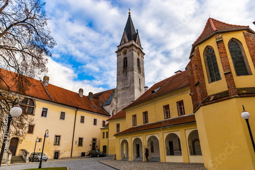 Courtyard Church of St. Giles and the Virgin Mary Royal in the old town of Trebon, Czech Republic. © Sergey Fedoskin