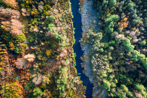 Top down view of river and swamp in autumn
