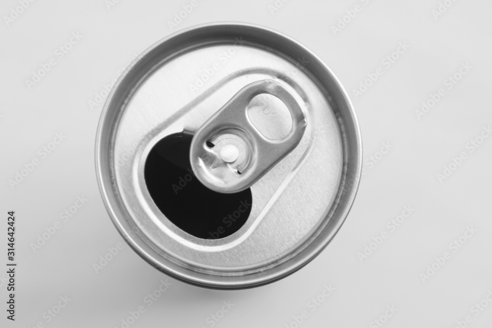 Close up of aluminum can on a top view, soda can white and black. Open can. Close up of aluminum can on a top view, soda can white and black. Open can.