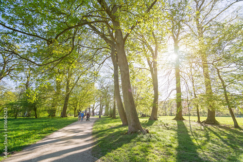 People strolling down a foot path in a beautiful park on a sunny spring day