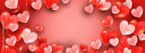 Creative minimal frame of 3D balloon hearts of different sizes and patterns on a red background with place for text. Can be used for poster, web banner, invitation, greeting card. Horizontal layo