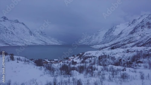 Wallpaper Mural Reverse drone flying with fjord and small town in background, northern Norway. Torontodigital.ca
