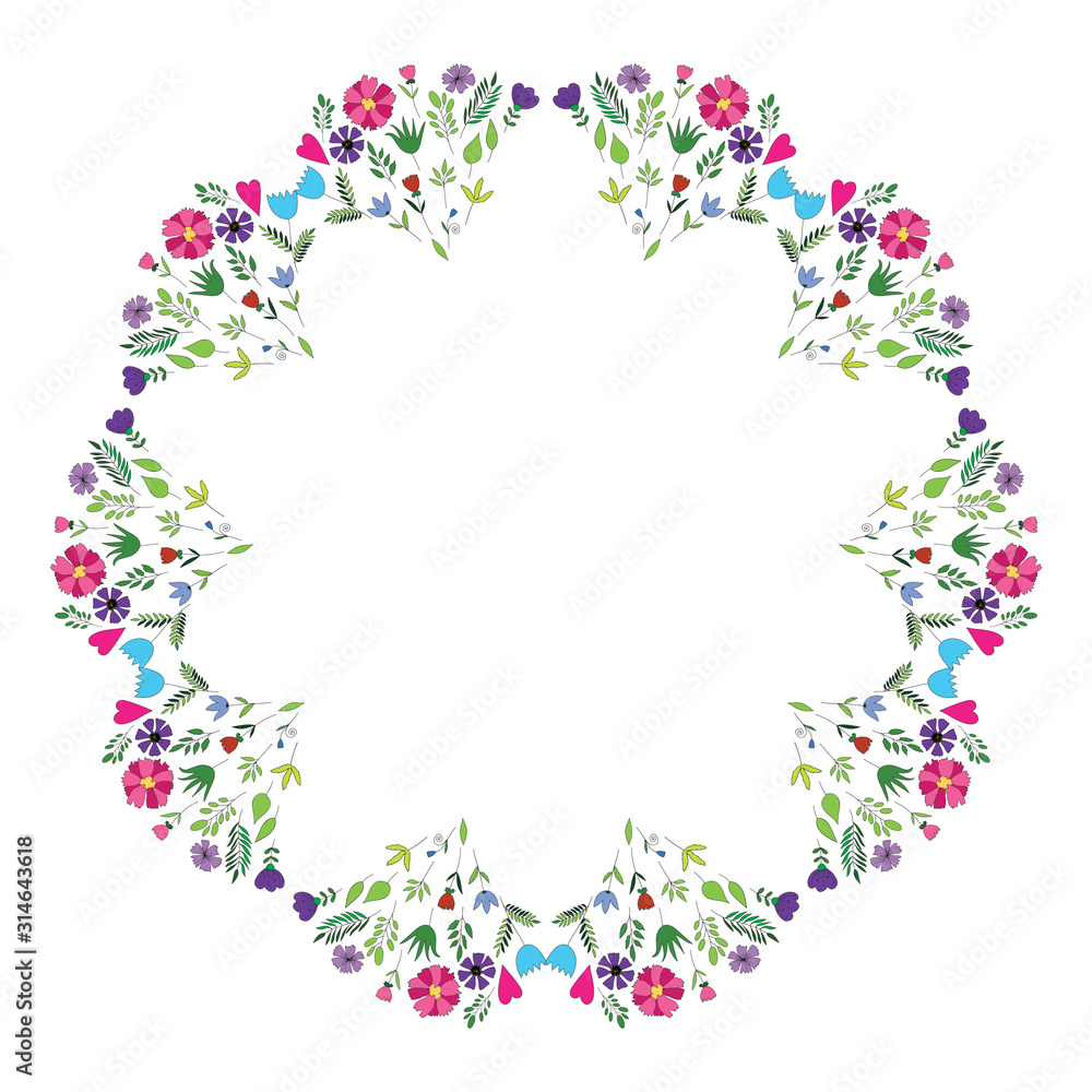 Floral frame on white background. Decorative design element of leaves and flowers in circle. Floral frame on white background. Decorative design element of leaves and flowers in circle.