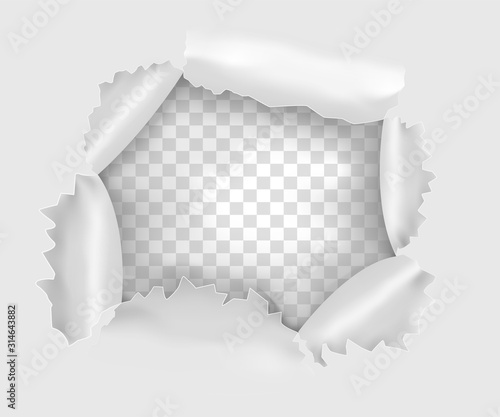 Torn hole in the sheet of paper on a transparent background. Vector illustrations.