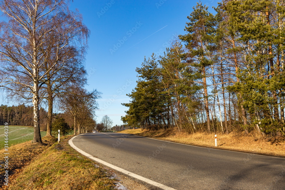 Fototapeta premium Rural asphalt road. Snowless winter in Czech countryside.