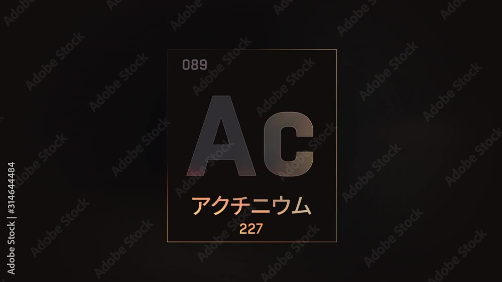 Actinium as Element 89 of the Periodic Table. Seamlessly looping 3D animation on grey illuminated atom design background orbiting electrons name, atomic weight element number in Japanese language Actinium as Element 89 of the Periodic Table. Seamlessly looping 3D animation on grey illuminated atom design background orbiting electrons name, atomic weight element number in Japanese language