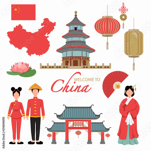 China Flat Icons Design Travel Concept . example Lion  and Dragon Dance , lantern, temple landmark , traditional foods. Vector illustration
