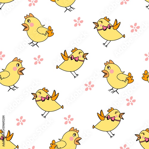 Seamless pattern with pink silhouette chick's, flowers.Happy Easter template. Simple