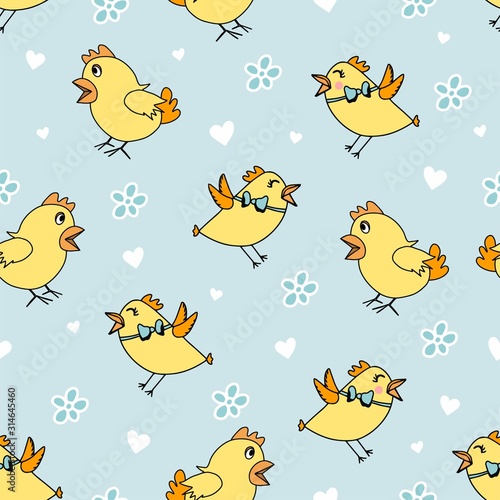 Seamless pattern with yellow chick's, flowers.Happy Valentine's Day template. Pastel child