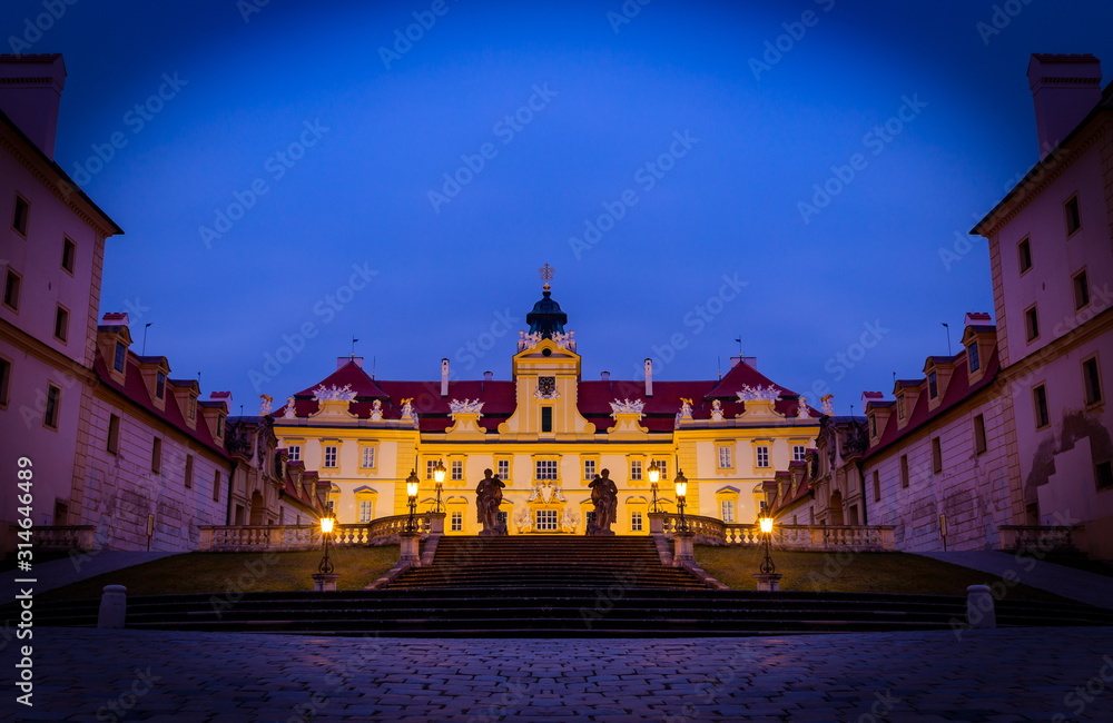 Beautiful castle in Valtice at night, South Moravia, popular travel destination in Czech Republic. Beautiful castle in Valtice at night, South Moravia, popular travel destination in Czech Republic.