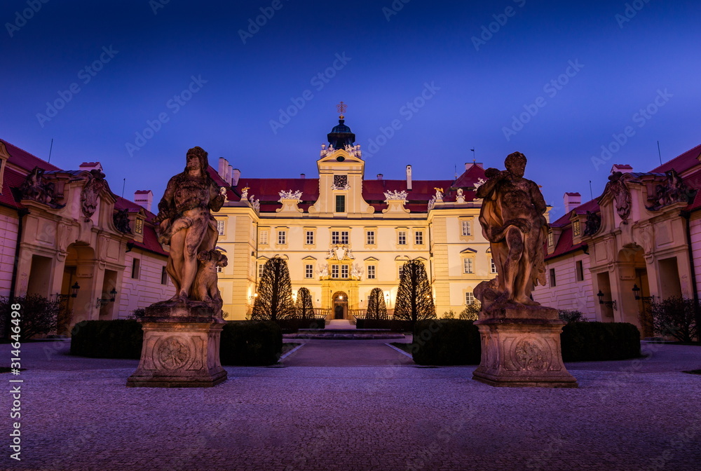Beautiful castle in Valtice at night, South Moravia, popular travel destination in Czech Republic.