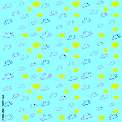 Multicolored birds and yellow stars on a blue background.