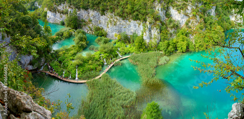 panoramic view over plitvice lakes in early september photo