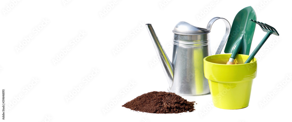 watering can, flowerpot and gardening tools behind heap of dirt on white background - obrazy, fototapety, plakaty 