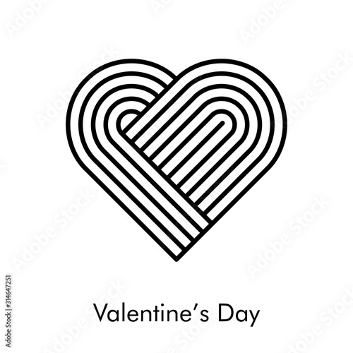 Día de san Valentín. Nudo entrelazado en forma de corazón. Icono plano lineal en color negro