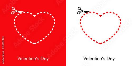 Día de san Valentín. Corazón recortable con tijera y línea punteada. Icono plano en fondo rojo y fondo blanco photo