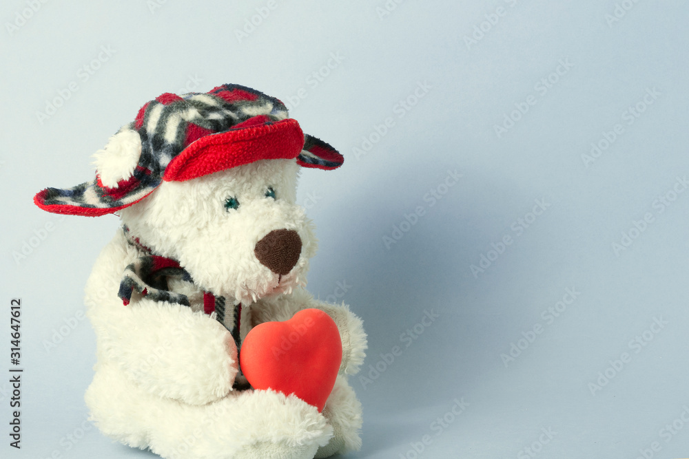 white teddy bear in a red cap with earflaps with a red heart. valentine's day concept, medical concept. white teddy bear in a red cap with earflaps with a red heart. valentine's day concept, medical concept.