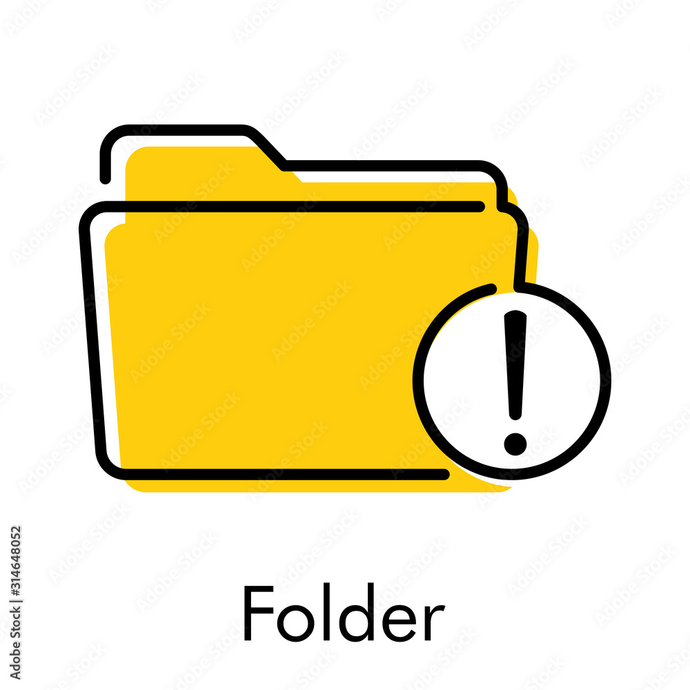 Aviso de error. Aviso de problema. Icono plano lineal carpeta con advertencia en círculo con color amarillo Aviso de error. Aviso de problema. Icono plano lineal carpeta con advertencia en círculo con color amarillo