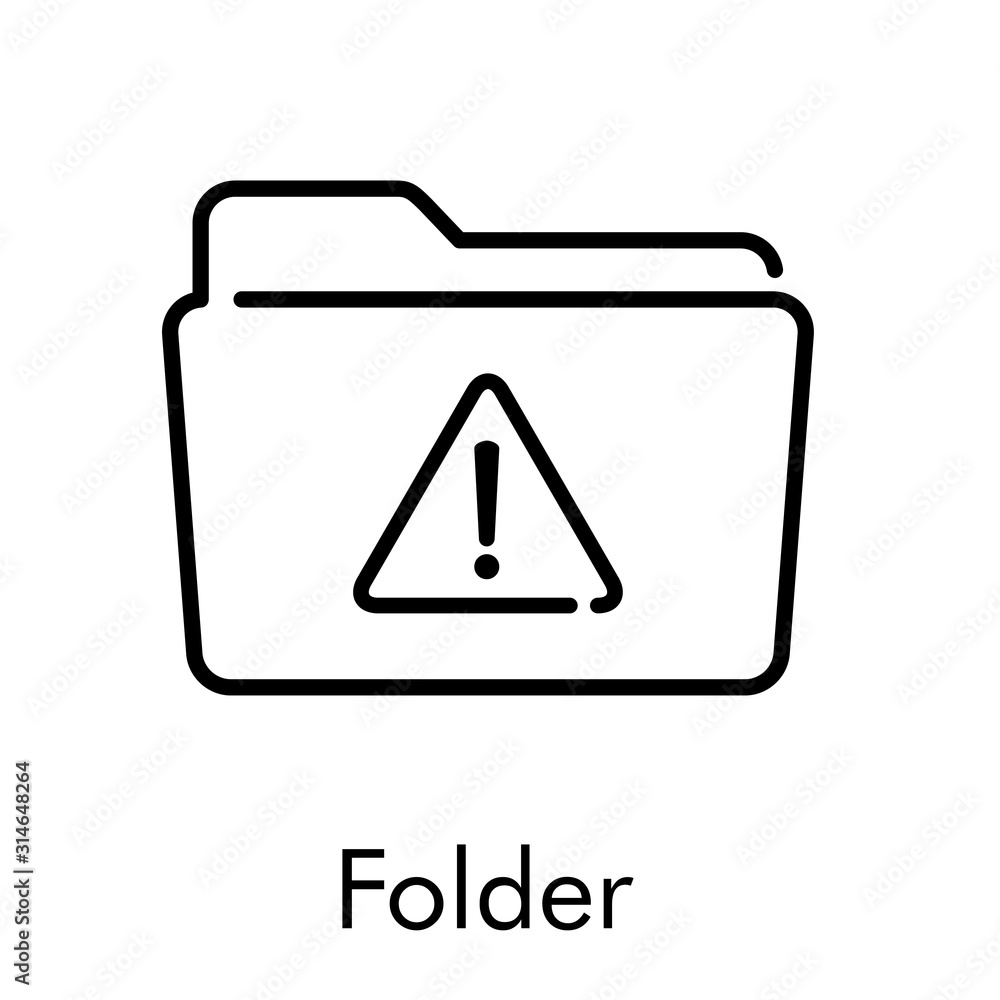 Aviso de error. Aviso de problema. Icono plano lineal carpeta con señal atención en color negro Aviso de error. Aviso de problema. Icono plano lineal carpeta con señal atención en color negro