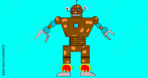 Brown robot with claws looking like a man, starts to take off