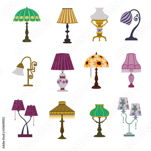 Vintage table lamps isolated on white background. Decorative elements collection of lamp  for your interior design. Vector set