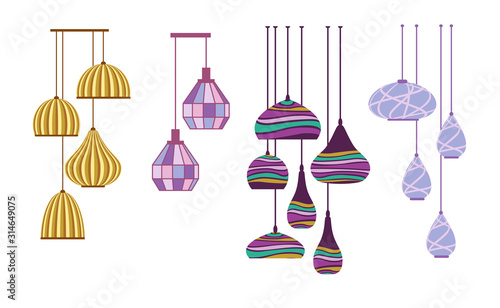 Vintage pendant lamps isolated on white background. Decorative elements collection of lamps for your interior design. Vector set