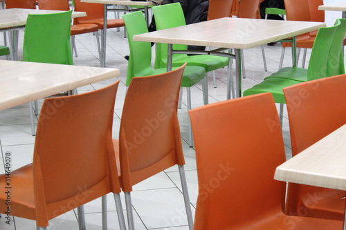Empty chairs and tables in a cafe