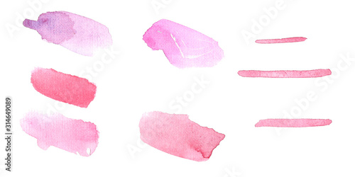 Pink brush strokes set. Set of hand drawn watercolor brushes and ink design elements, line brush stroke creative shapes 