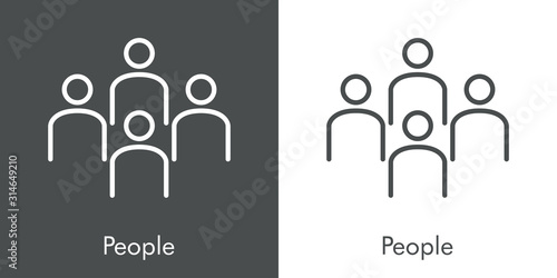 Símbolo trabajo en equipo. Icono plano lineal grupo de gente formando una cruz en fondo gris y fondo blanco
