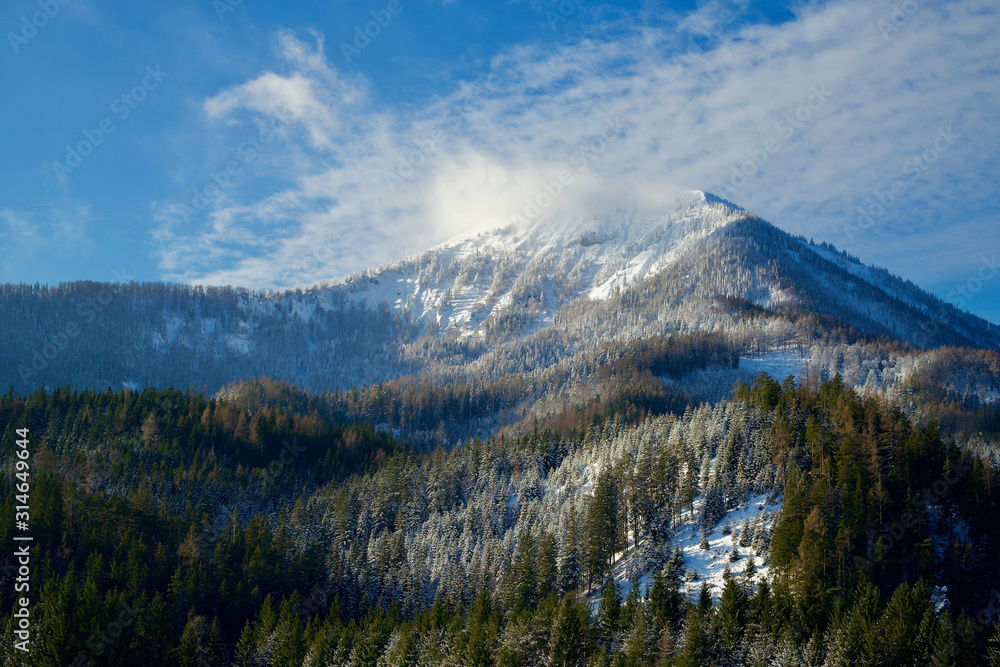 Mountain Otscher in Austria Alps in winter view from Mitterbach am Erlaufsee