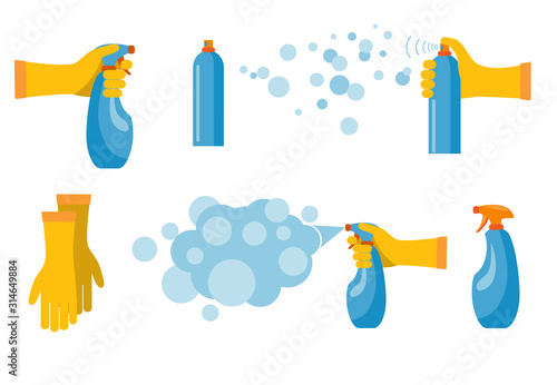 Hand holding and pressing down nozzle of aerosol can spraying liquid particles mist. Detergent and disinfectant. Antiseptic spray in flask. Vector illustration