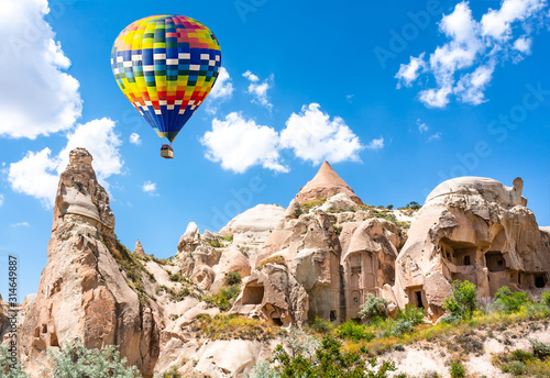 The great tourist attraction of Cappadocia - balloon flight. Cappadocia is known around the world as one of the best places to fly with hot air balloons. Goreme, Cappadocia, Turkey. Travel concept. Ar