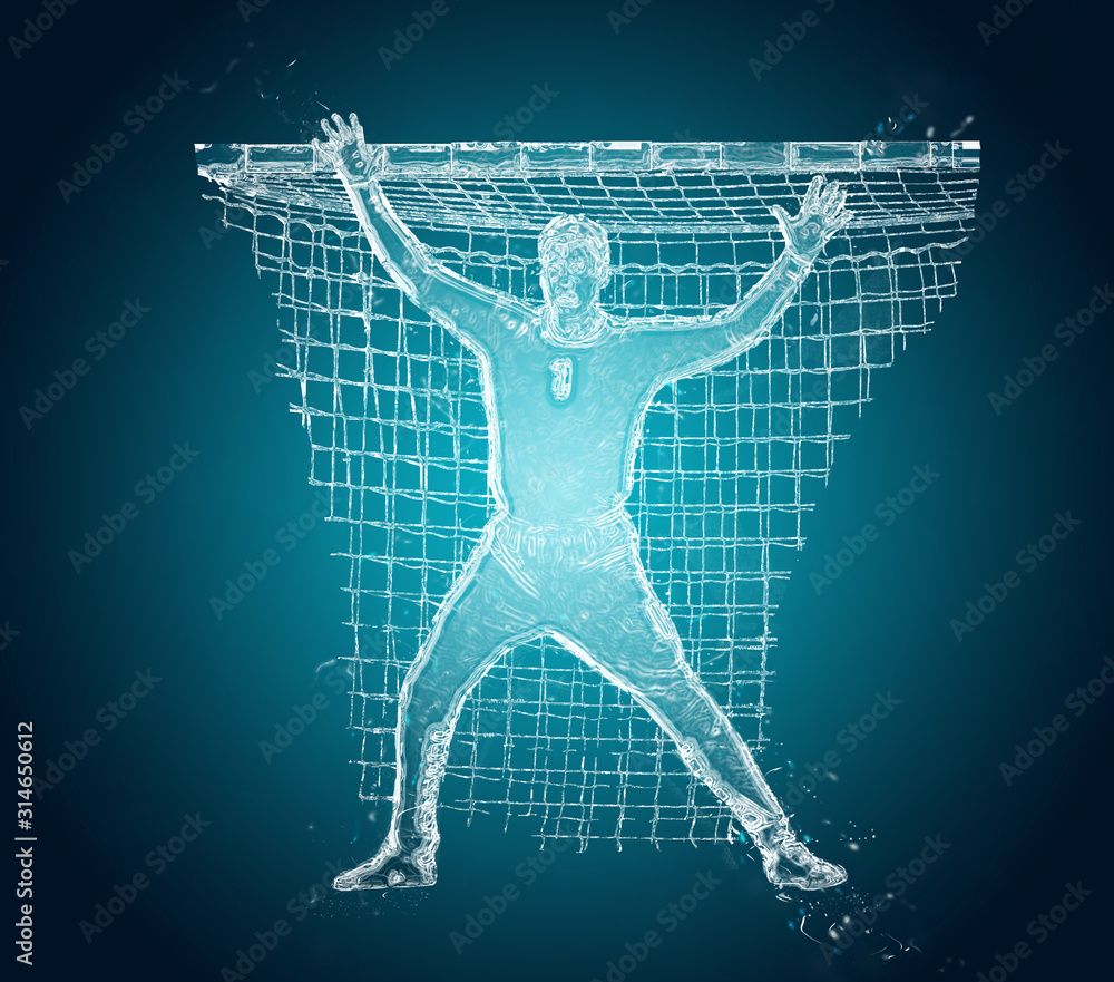 Abstract handball player in action. Handball goalkeeper defends his net. Crystal ice effect