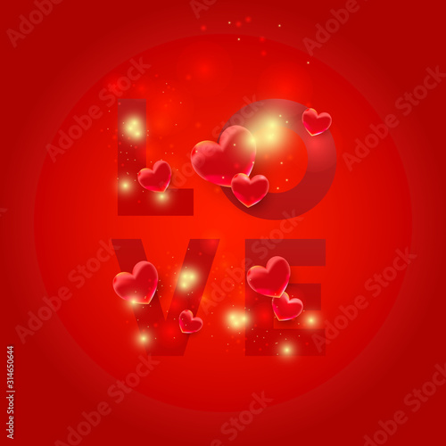 Love letters with 3d hearts. Love shapes with light glitter on a red background. Valentines Day card
