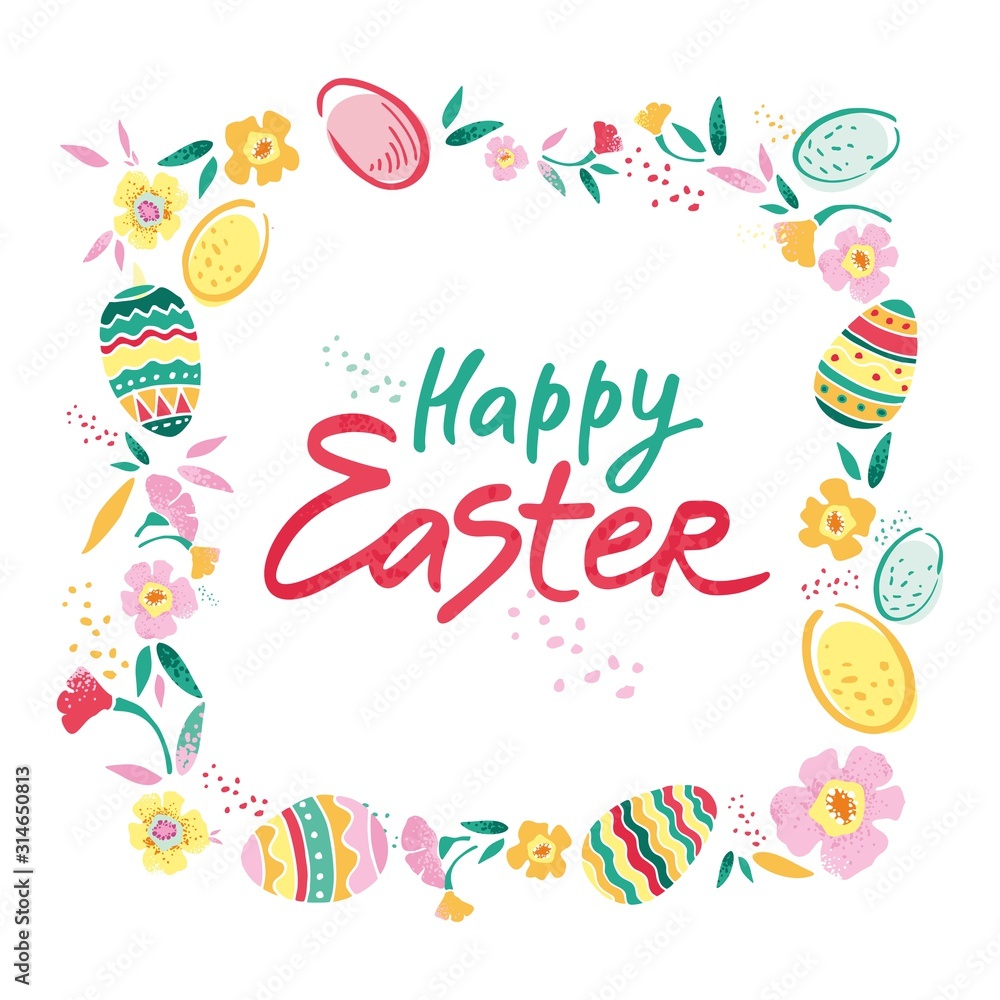 Decorative square frame with flowers, eggs and with the phrase happy Easter in the center hand drawn on a white background. Banner for congratulations on the spring holiday. Cute vector illustration.