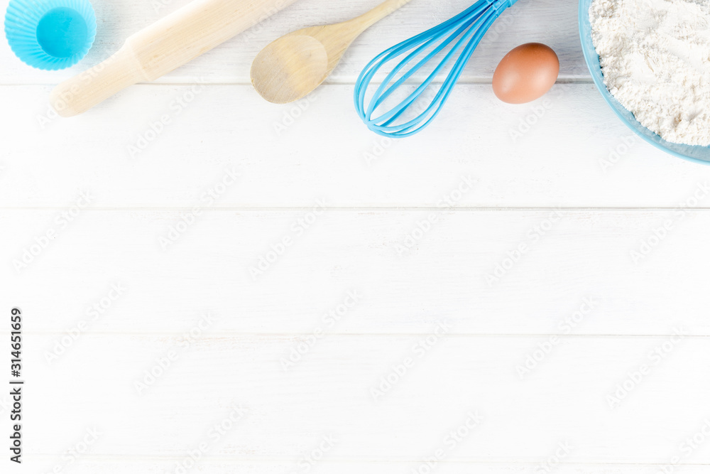 Top view photo with Kitchen Utensils on white vintage, natural, wooden background. Space for text. Top view photo with Kitchen Utensils on white vintage, natural, wooden background. Space for text.
