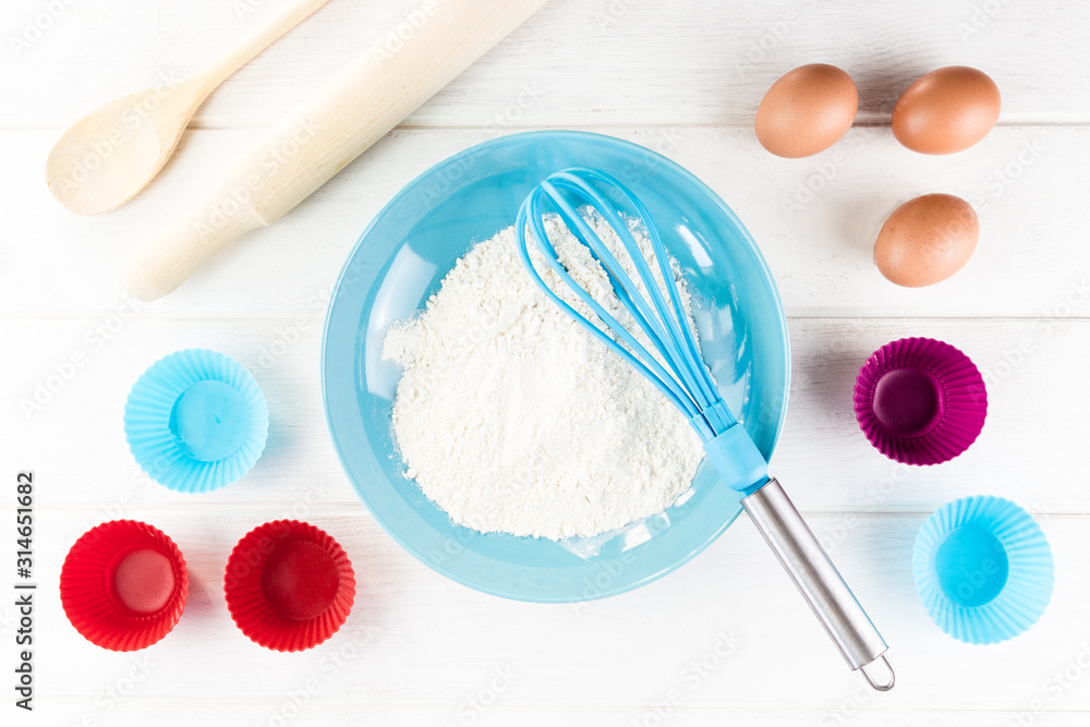 Top view photo with Kitchen Utensils on white vintage, natural, wooden background. Top view photo with Kitchen Utensils on white vintage, natural, wooden background.