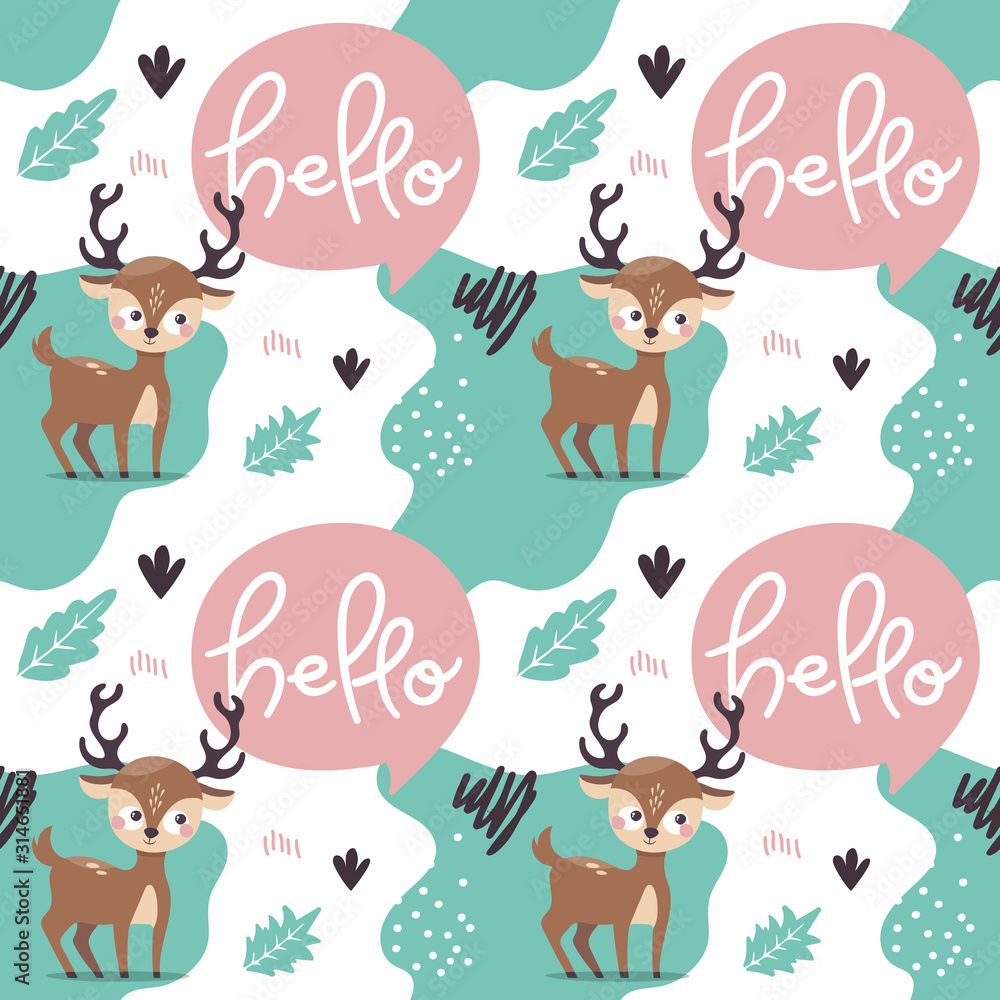 Obraz premium Seamless bright colorful cute pattern with deer, friends, Valentines Day, plant, leaf