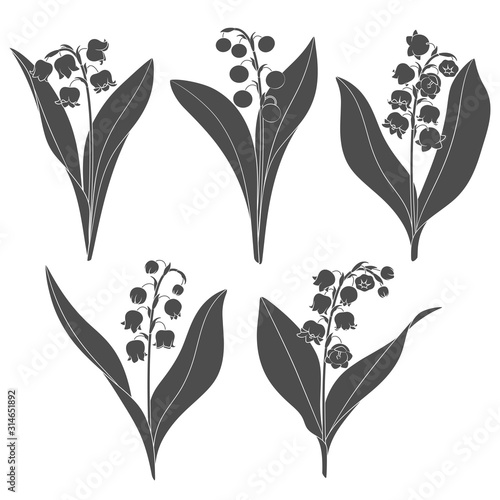 Set of black and white images with lilies of the valley. Isolated vector objects on a white background.