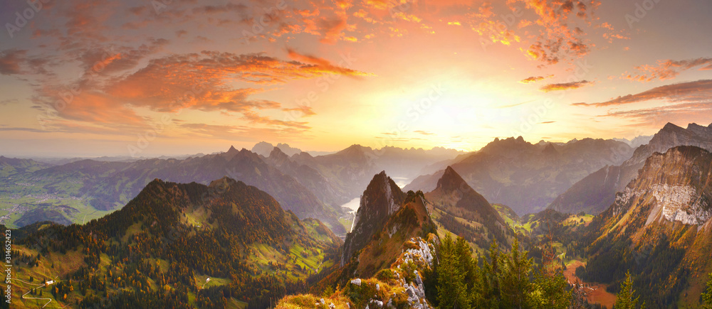 Autumn mountains before sunrise in Switzerland - obrazy, fototapety, plakaty 