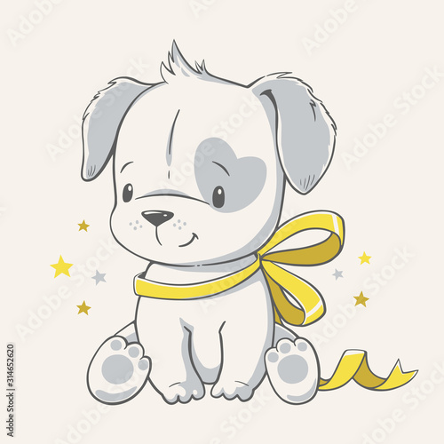 Vector illustration of a cute puppy with yellow ribbon.